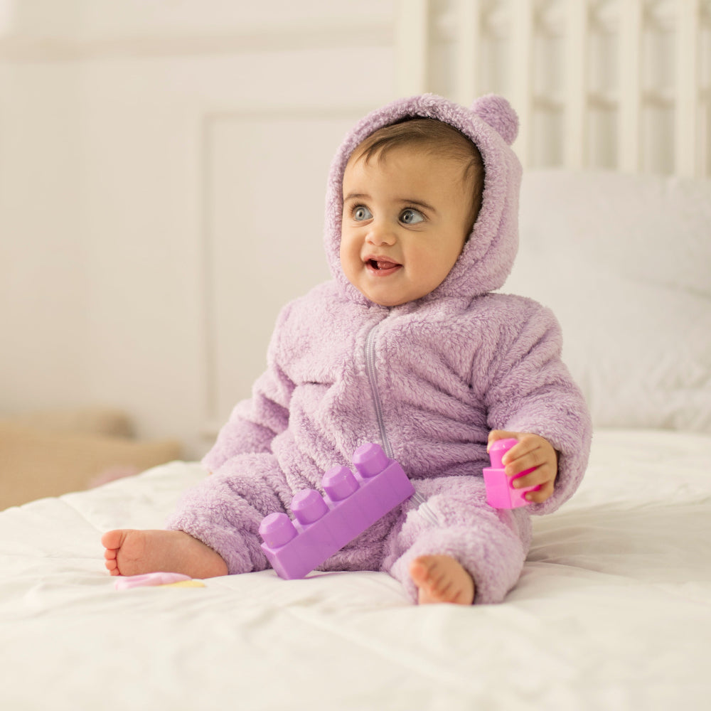 Baby Girls Fleeced Hooded Footless Onesie – Purple with Teddy Design - Clothing - Ourkids