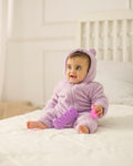 Baby Girls Fleeced Hooded Footless Onesie – Purple with Teddy Design