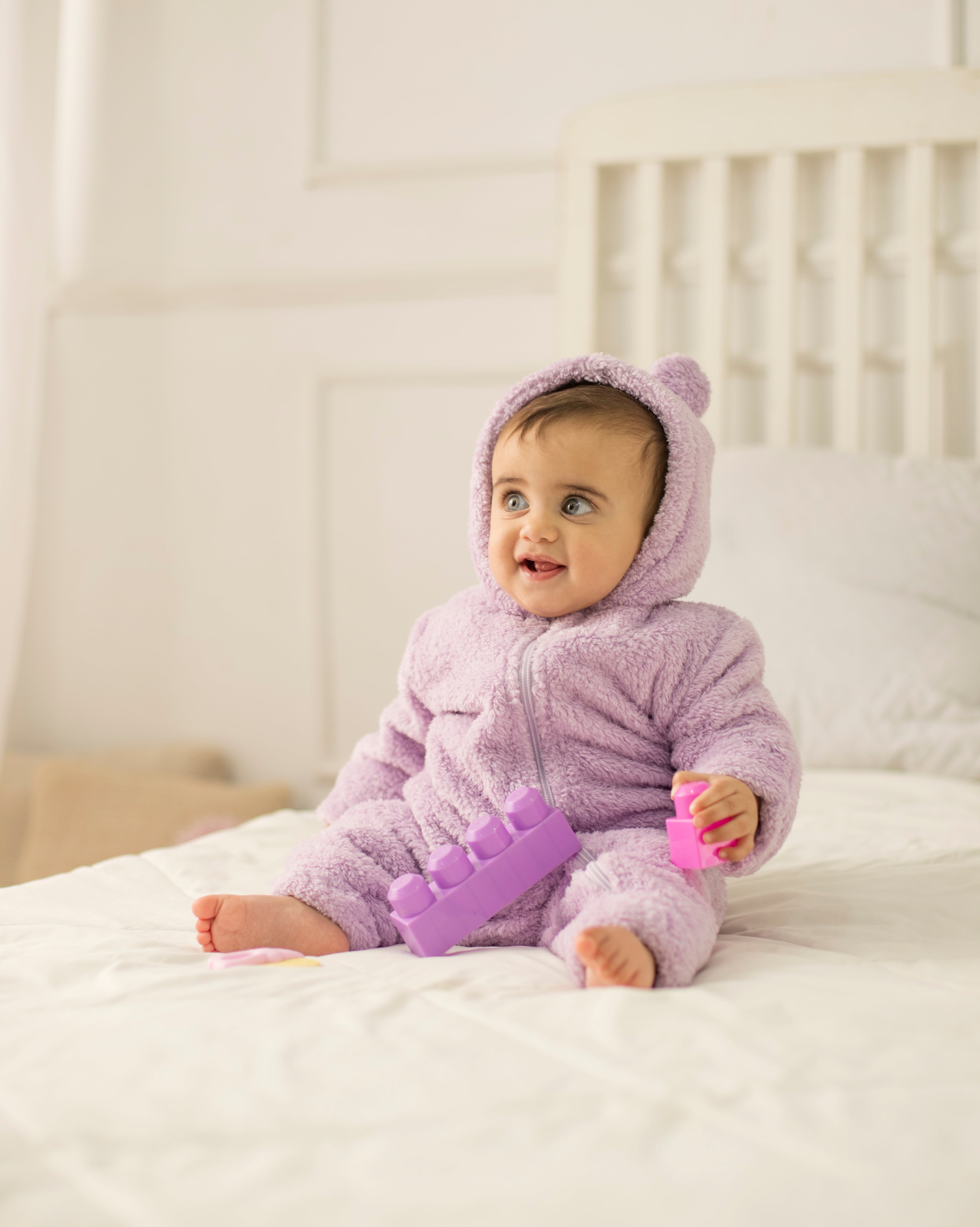 Baby Girls Fleeced Hooded Footless Onesie – Purple with Teddy Design