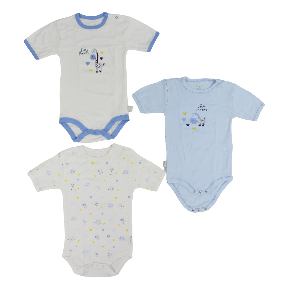 Baby Boys Cotton Short-Sleeved Underwear Bodysuits – Multicolor with Giraffe Design (Pack of 3)
