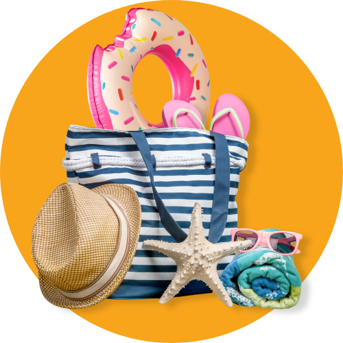Beach bag with straw hat, sunglasses, and inflatable ring on a yellow background