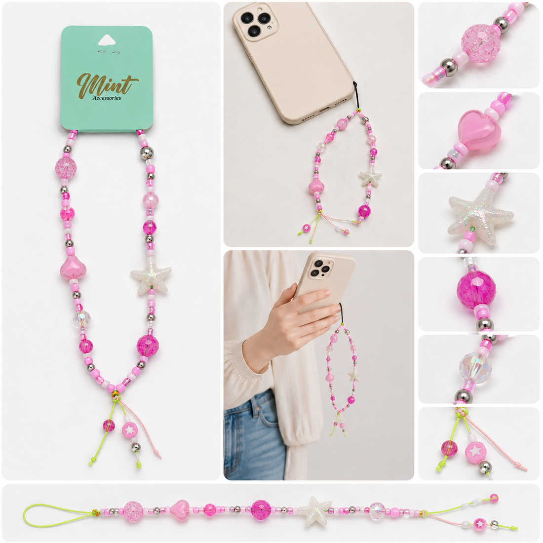 Beaded Mobile Phone Charm - Pink - Assortments - Mint-x