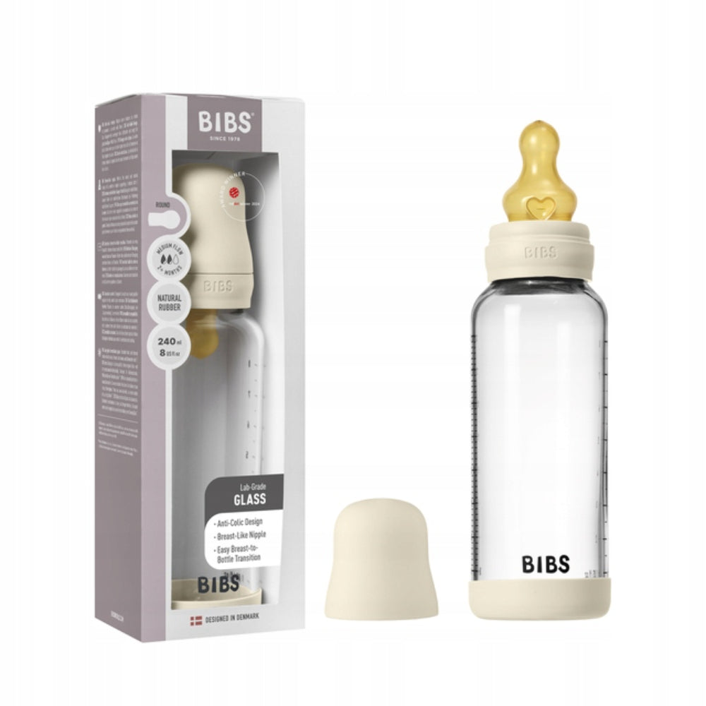 BIBS Glass Baby Bottle Round Latex - 1 pack 240 ml Medium Flow Ivory - Baby Essentials
