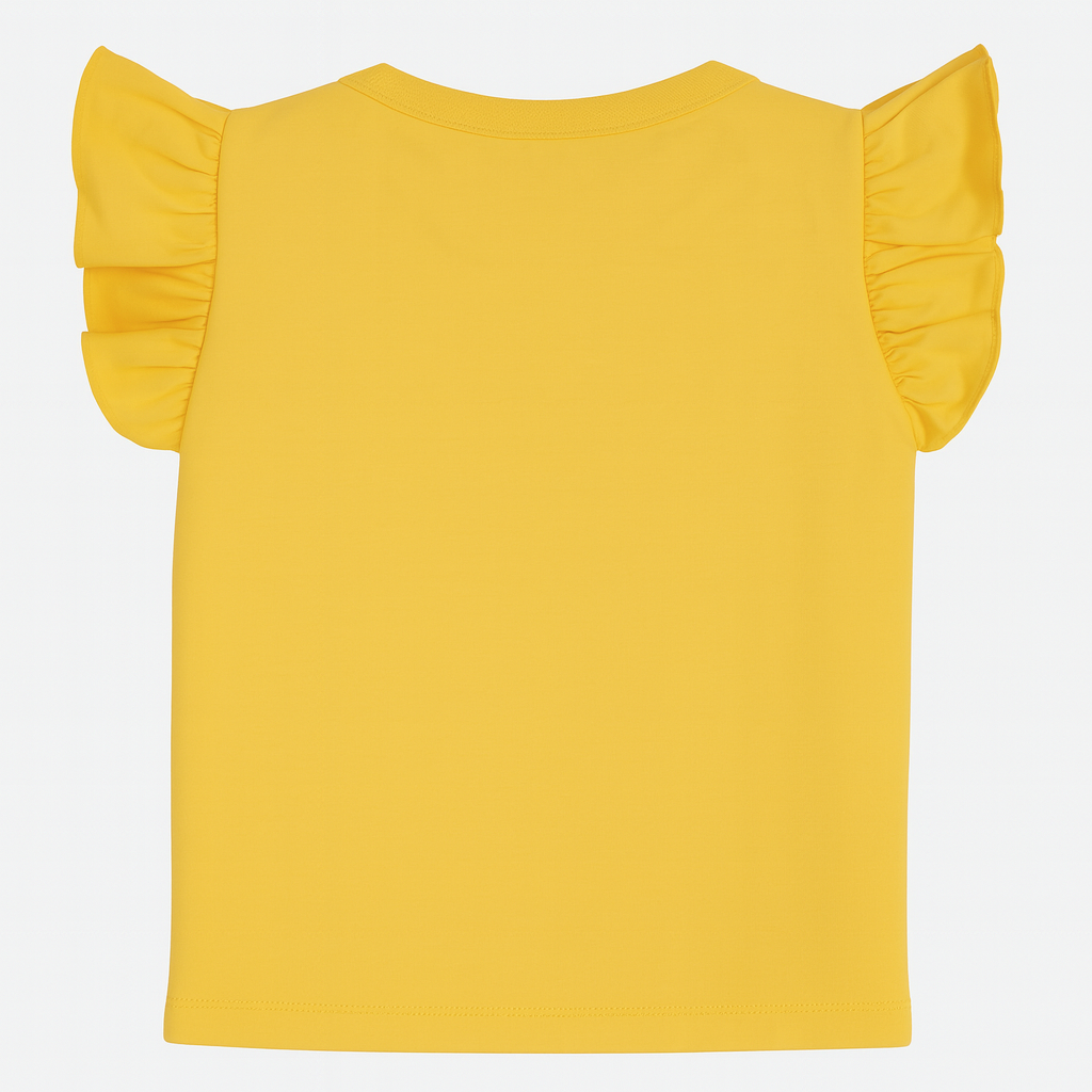 Girls Cotton Ruffled Shoulders T-Shirt – Yellow with a Flower Print