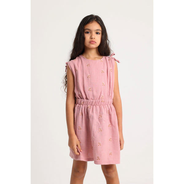 Girls Cotton Dress – Dusty Pink with Flowers Embroidery