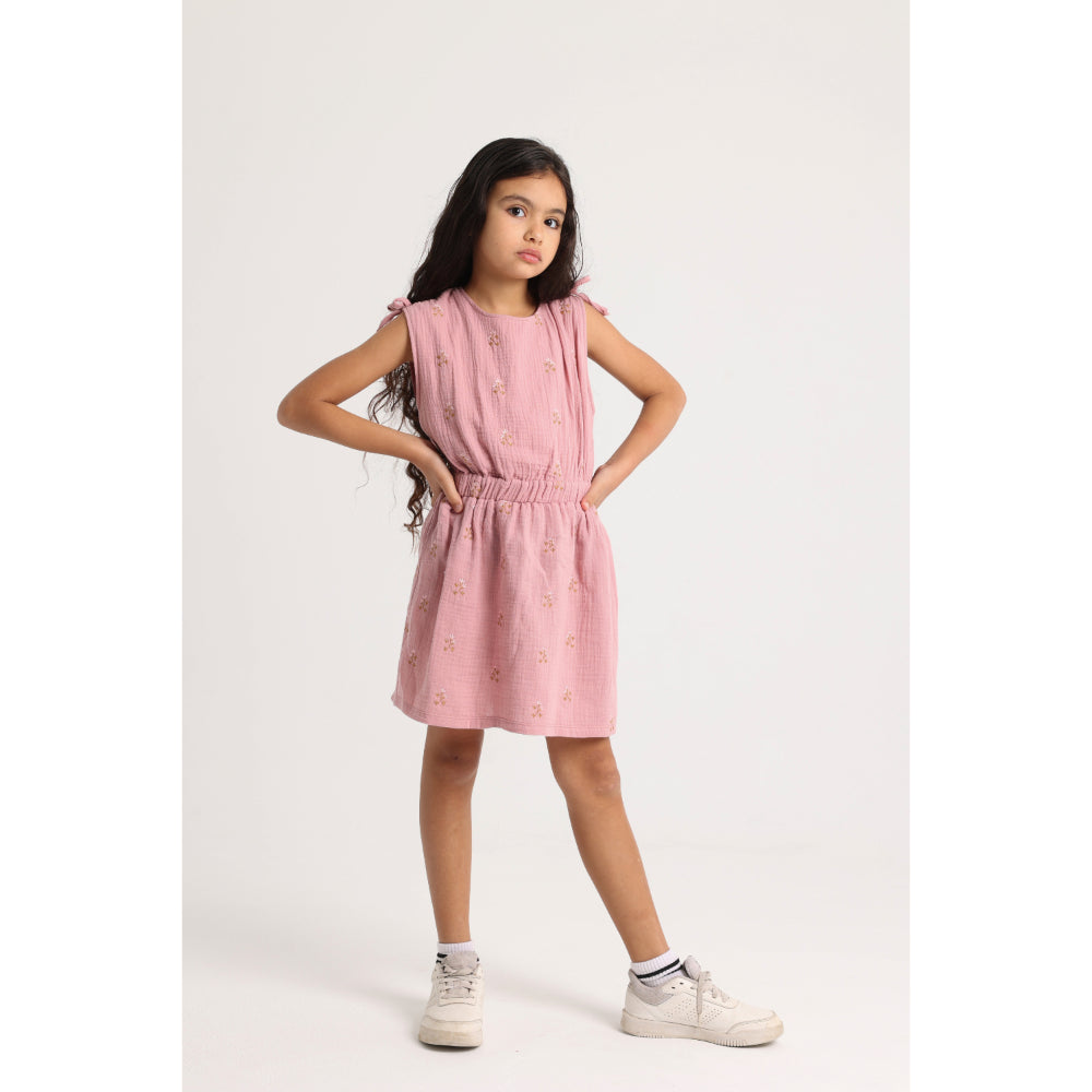 Girls Cotton Dress – Dusty Pink with Flowers Embroidery