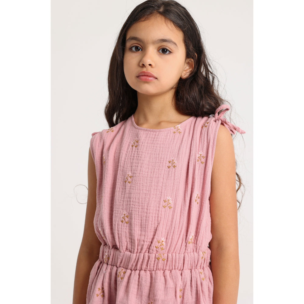 Girls Cotton Dress – Dusty Pink with Flowers Embroidery