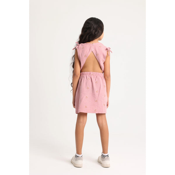 Girls Cotton Dress – Dusty Pink with Flowers Embroidery