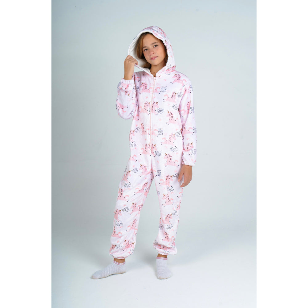 Girls Fleeced Hooded Onesie Pajama – Pink with Unicorn Print