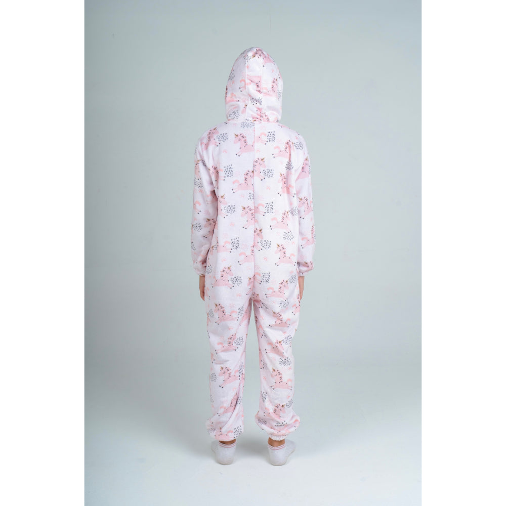 Girls Fleeced Hooded Onesie Pajama – Pink with Unicorn Print