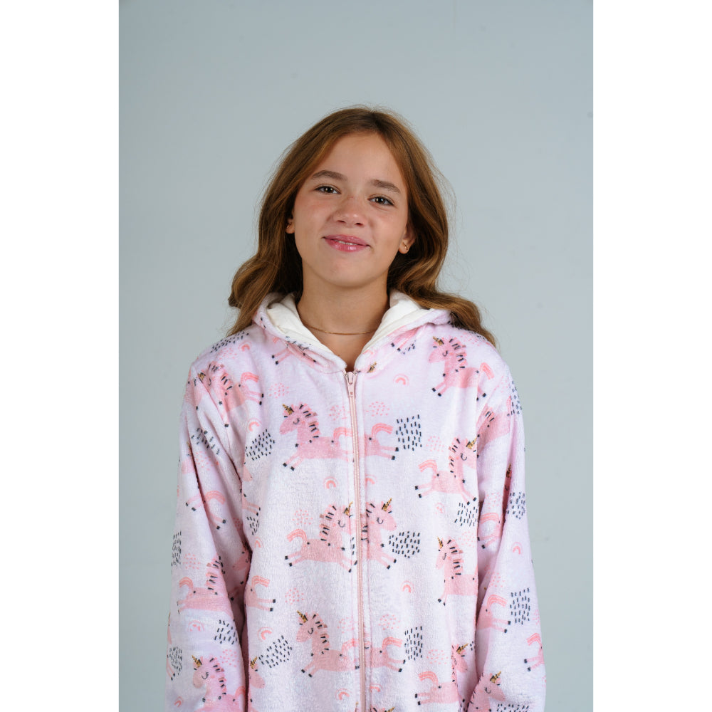 Girls Fleeced Hooded Onesie Pajama – Pink with Unicorn Print