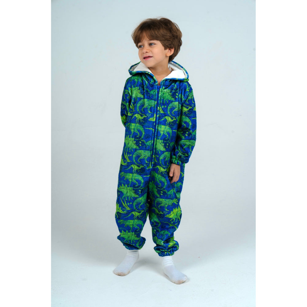 Boys Fleeced Hooded Footless Onesie – Blue Dinosaurs