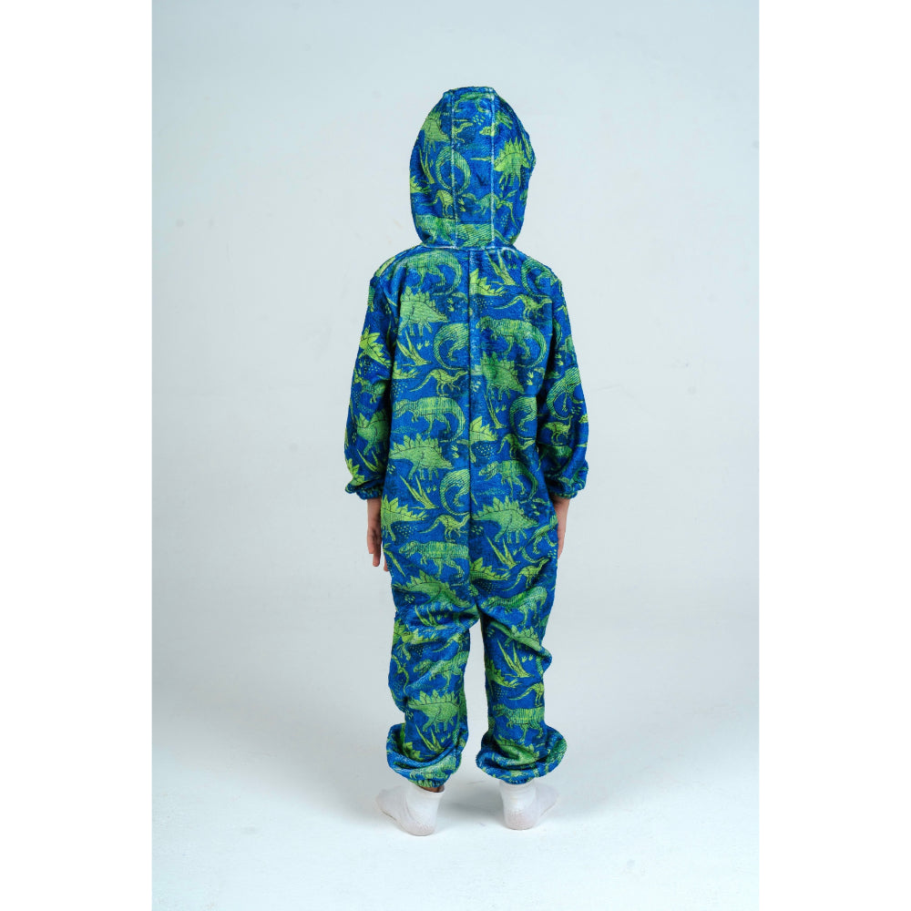 Boys Fleeced Hooded Footless Onesie – Blue Dinosaurs