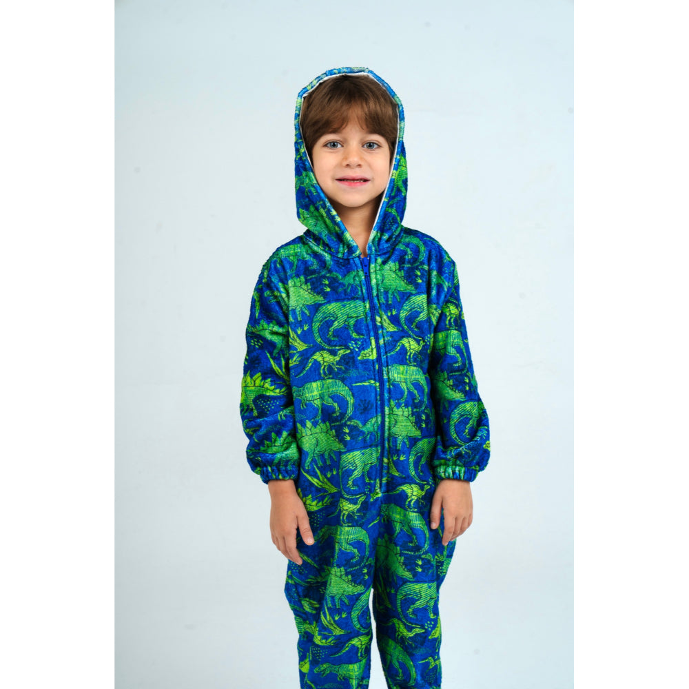 Boys Fleeced Hooded Footless Onesie – Blue Dinosaurs