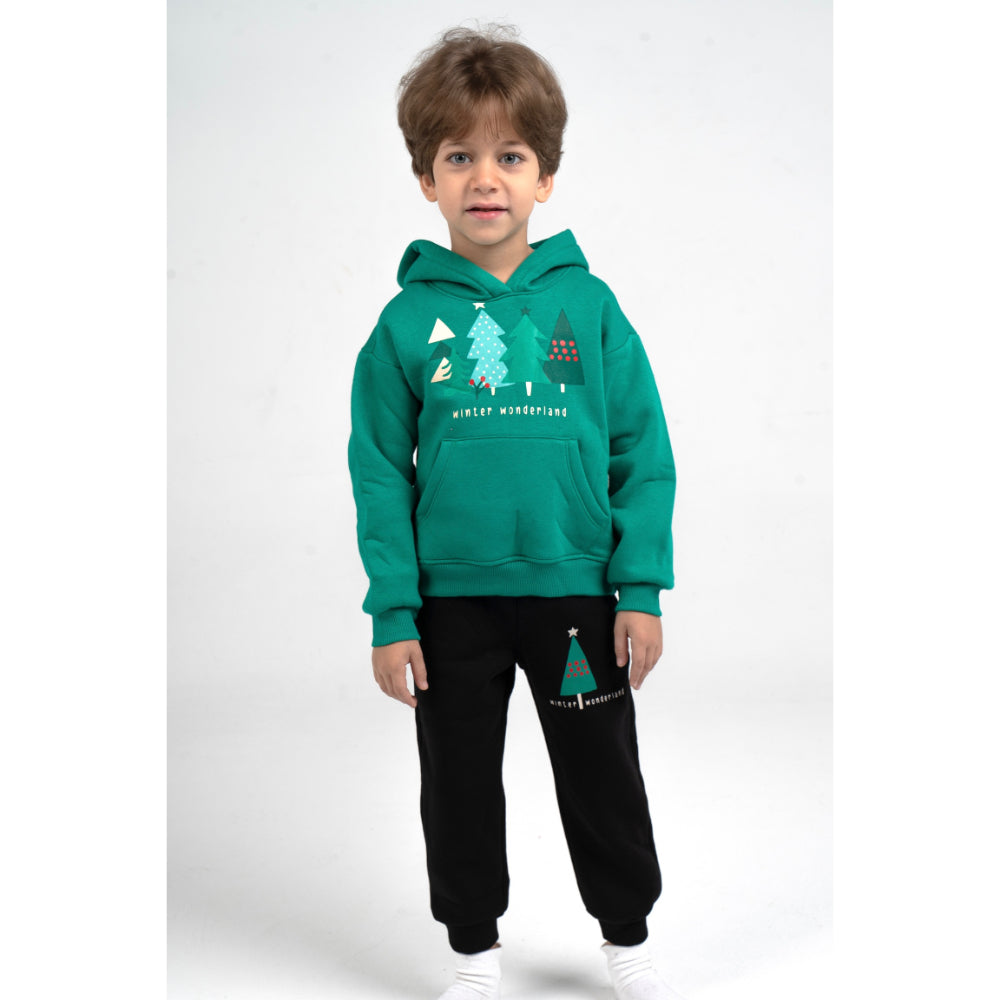 Boys Cotton Hooded Pajama Set – Green with "Winter Wonderland" Design