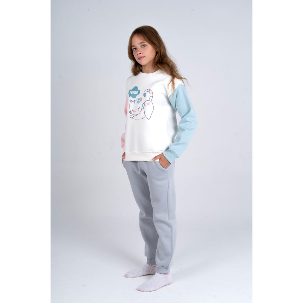 Girls Cotton Pajama Set – Offwhite/Gray with Cat Print