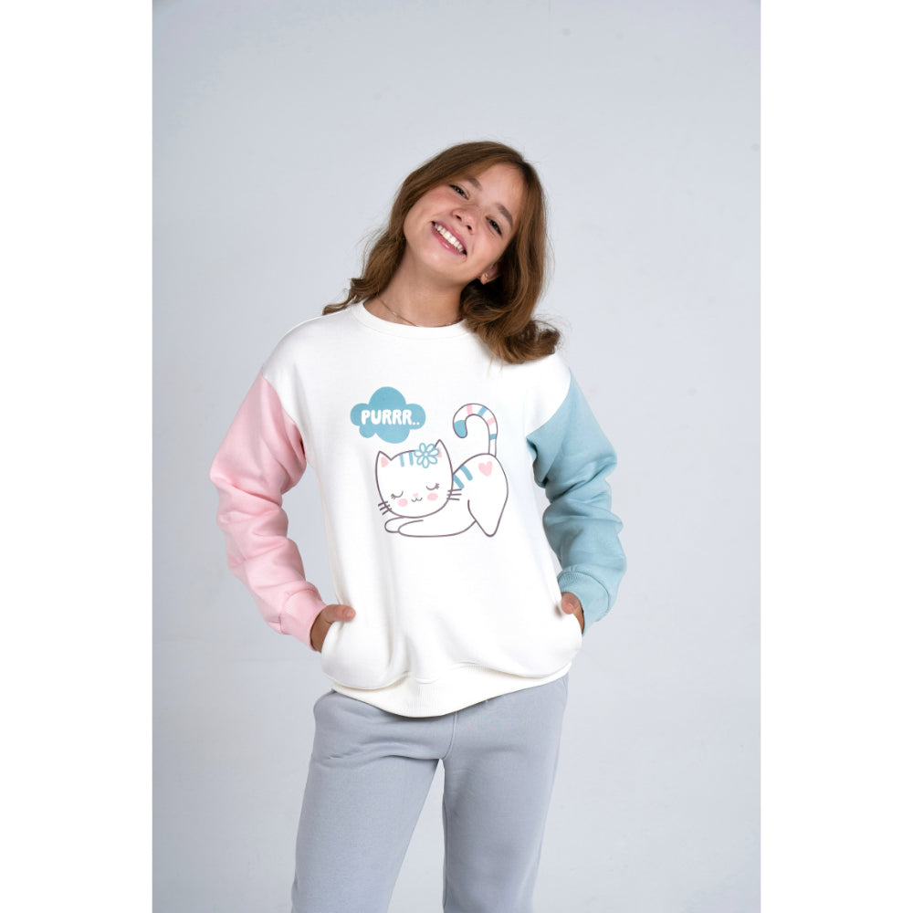 Girls Cotton Pajama Set – Offwhite/Gray with Cat Print