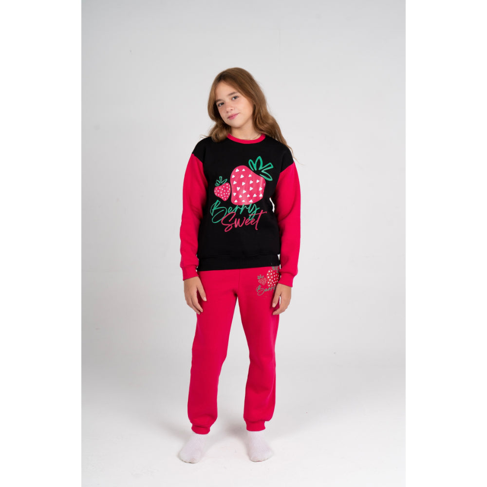 Girls Cotton Pajama Set – Black/Fuchsia with "Berry Sweet" Design