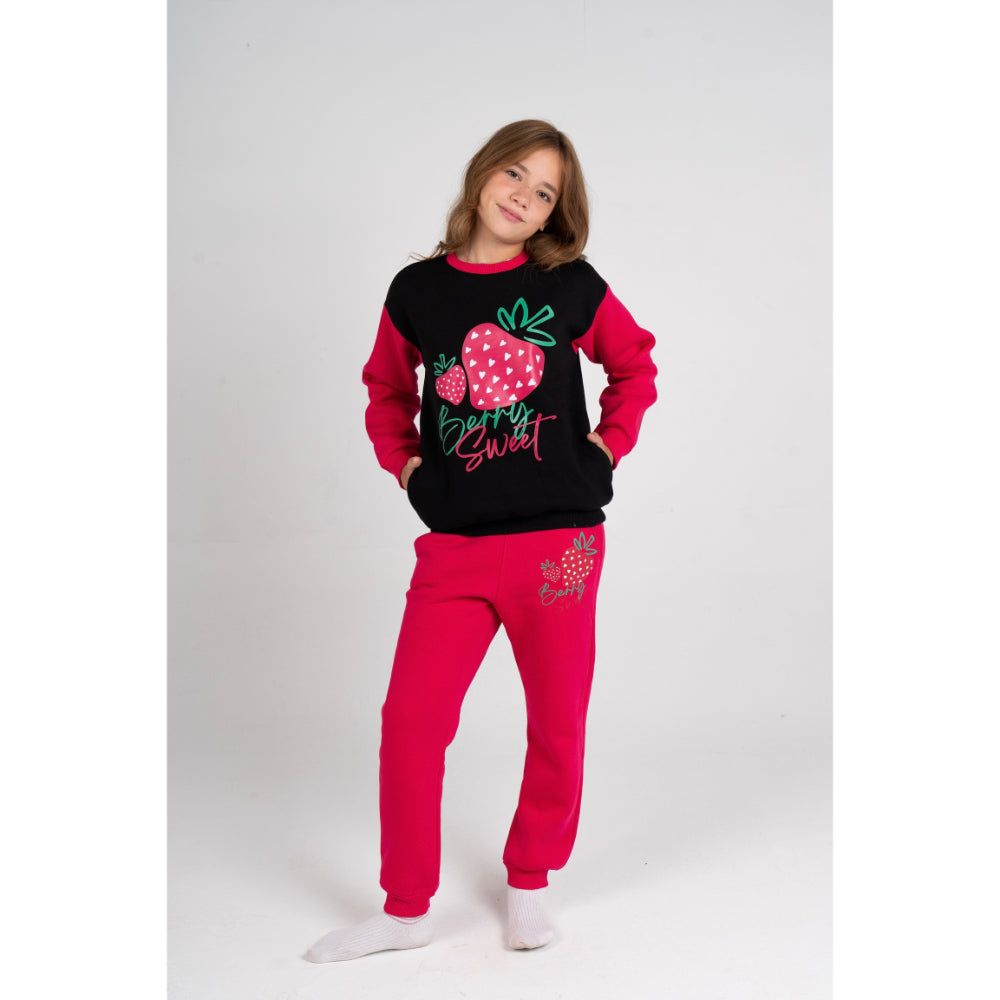 Girls Cotton Pajama Set – Black/Fuchsia with "Berry Sweet" Design