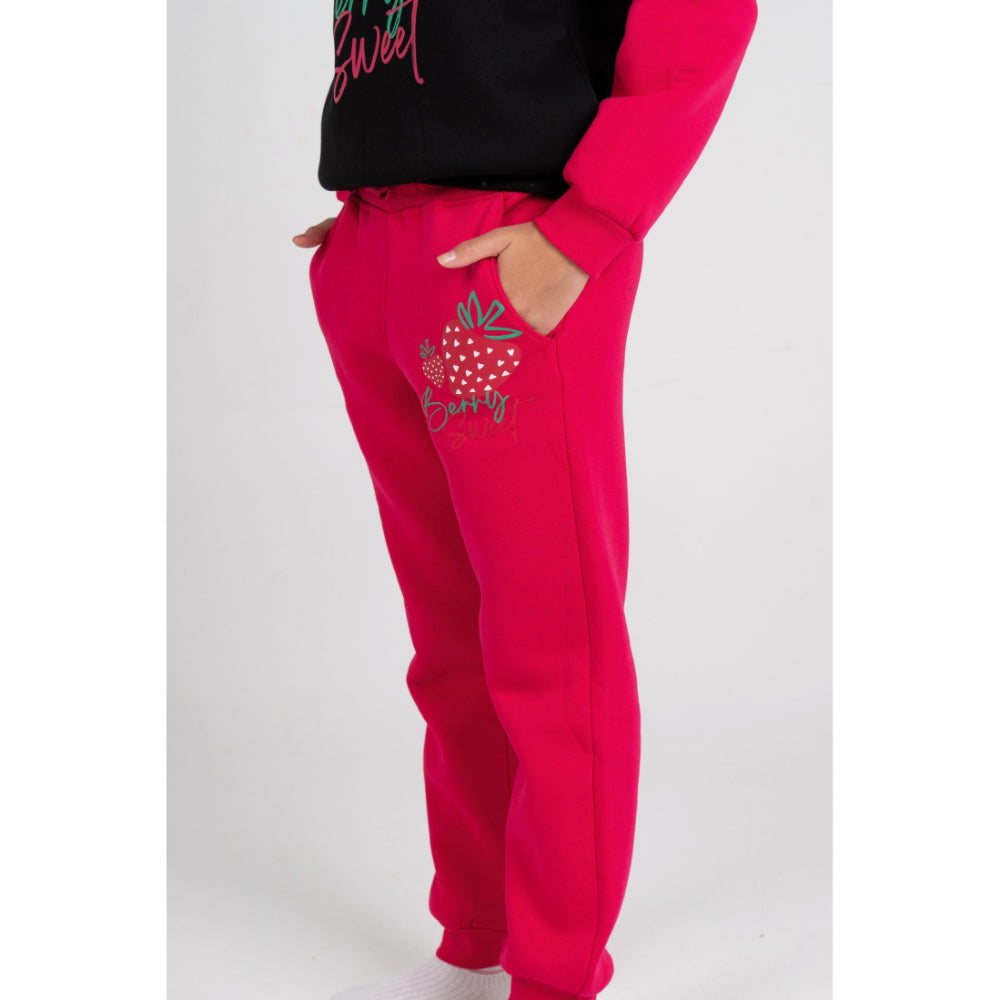 Girls Cotton Pajama Set – Black/Fuchsia with "Berry Sweet" Design