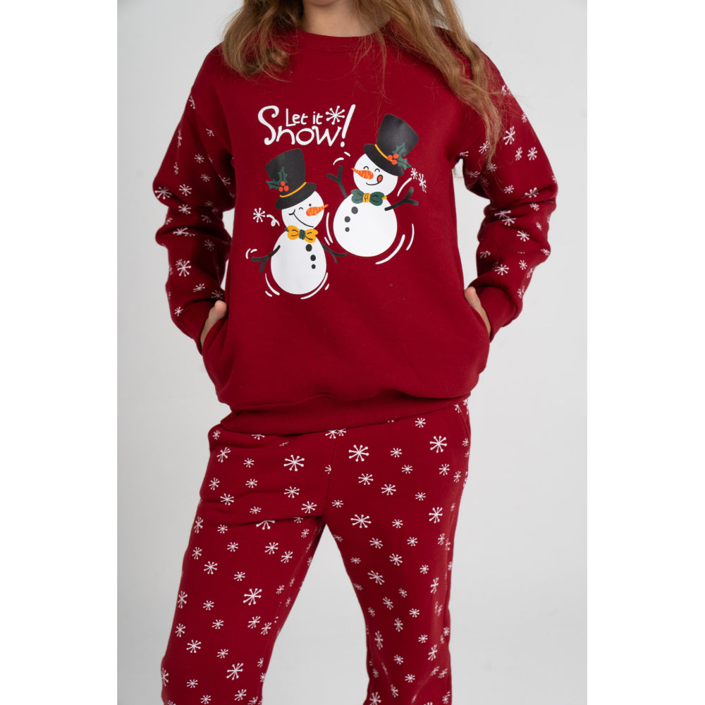 Girls Cooton Pajama Set – Maroon with “Let it Snow” Design