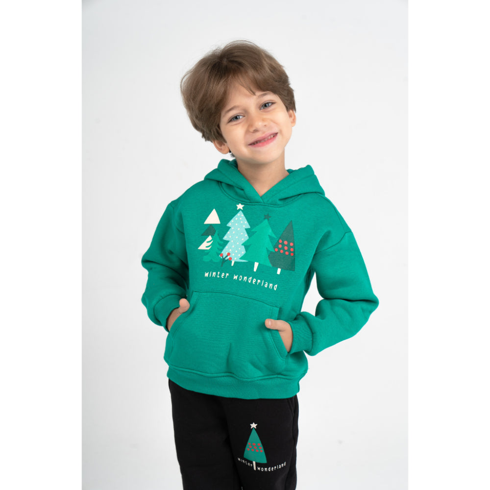 Boys Cotton Hooded Pajama Set – Green with "Winter Wonderland" Design