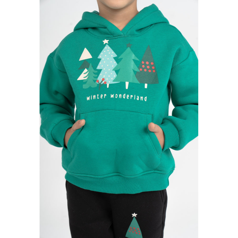 Boys Cotton Hooded Pajama Set – Green with "Winter Wonderland" Design