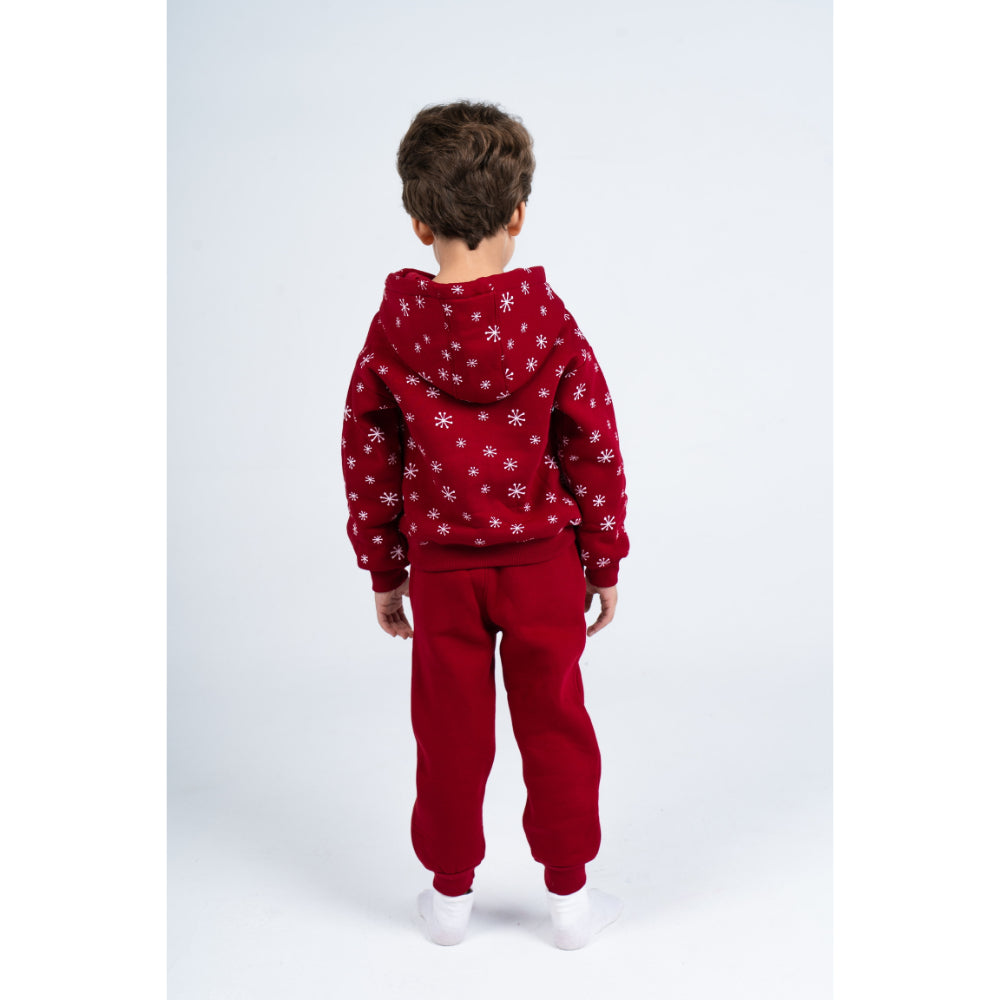 Boys Cotton Hooded Pajama Set – Maroon with "Hello Winter" Design