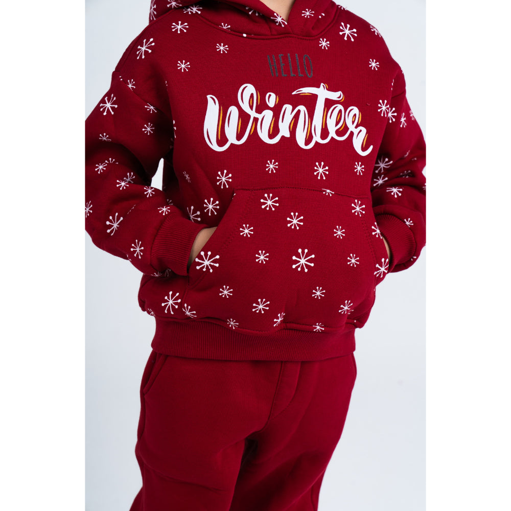 Boys Cotton Hooded Pajama Set – Maroon with "Hello Winter" Design