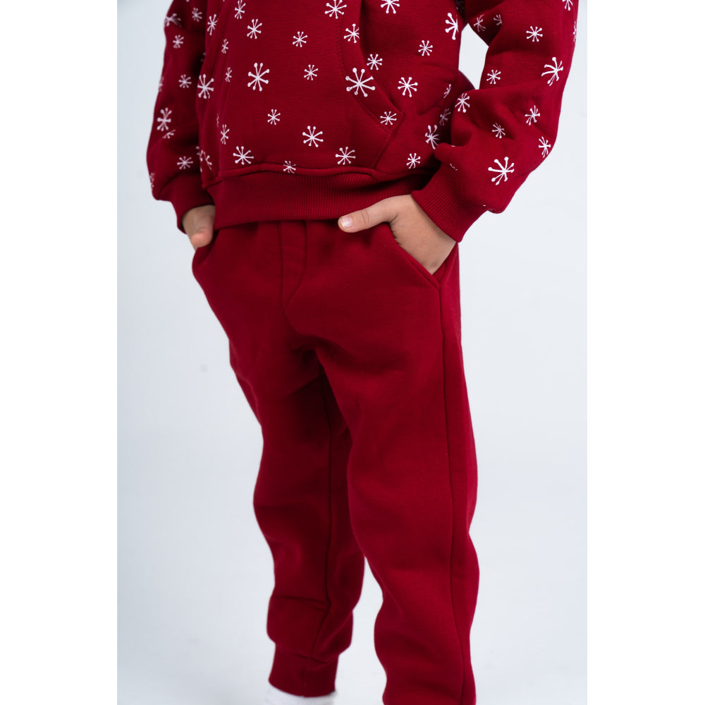 Boys Cotton Hooded Pajama Set – Maroon with "Hello Winter" Design