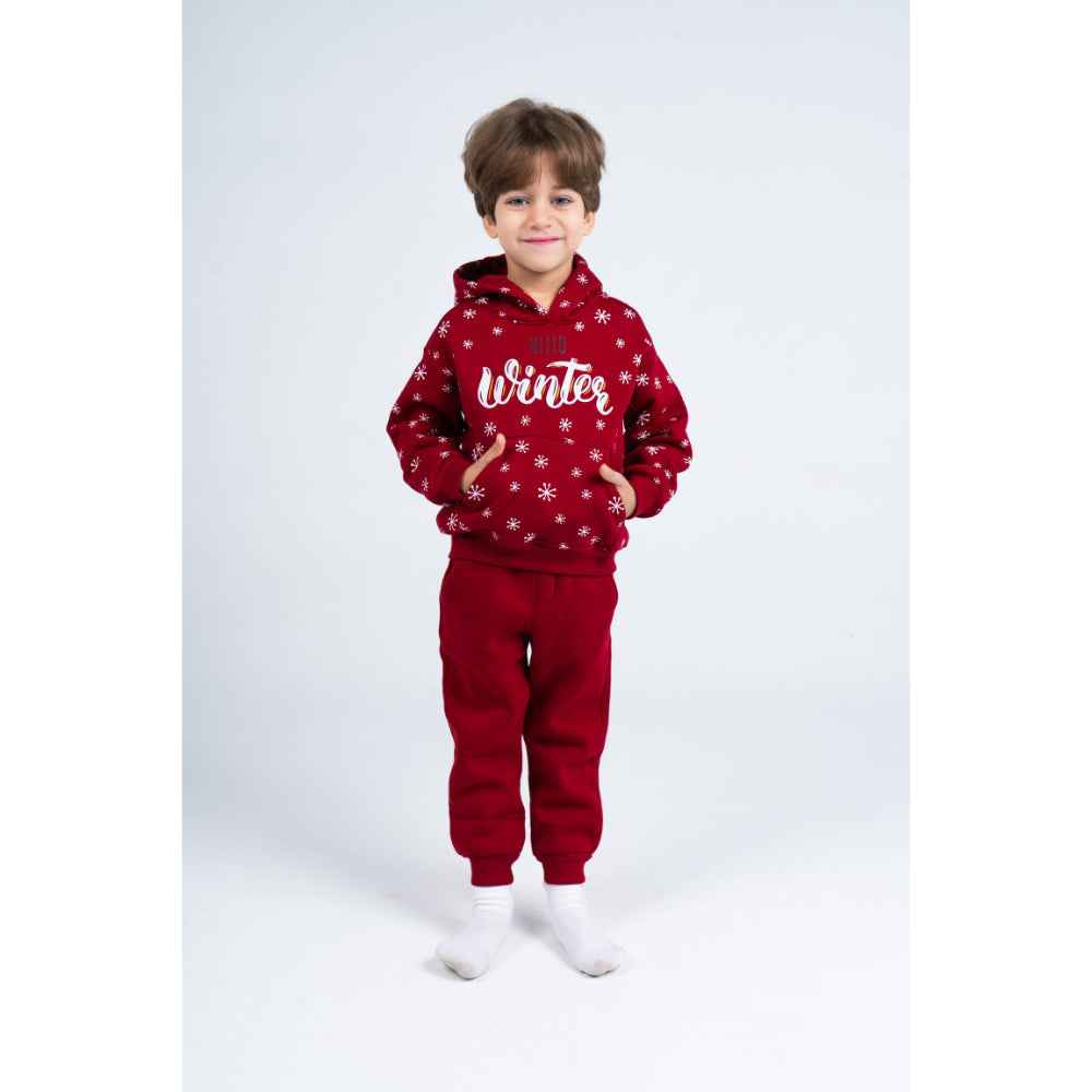 Boys Cotton Hooded Pajama Set – Maroon with "Hello Winter" Design