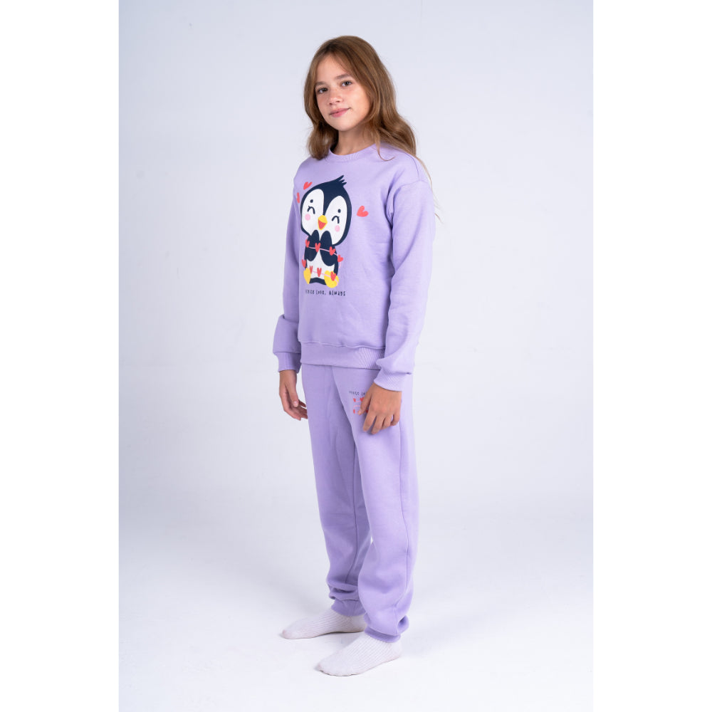 Girls Cotton Pajama Set – Purple with Penguin Print