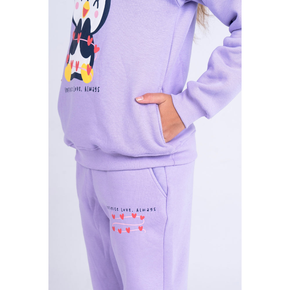 Girls Cotton Pajama Set – Purple with Penguin Print