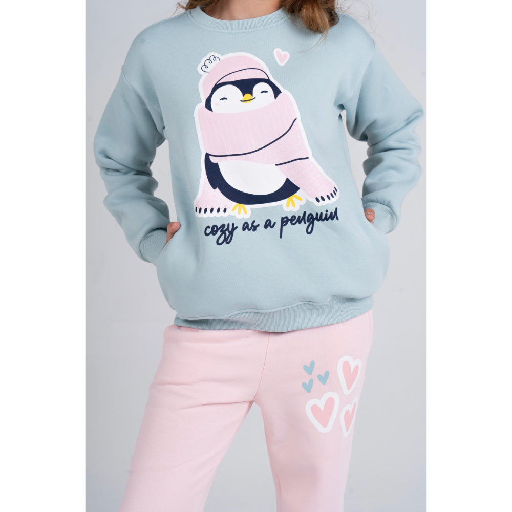 Girls Cooton Pajama Set –  Mint/Pink with "Penguin" Design