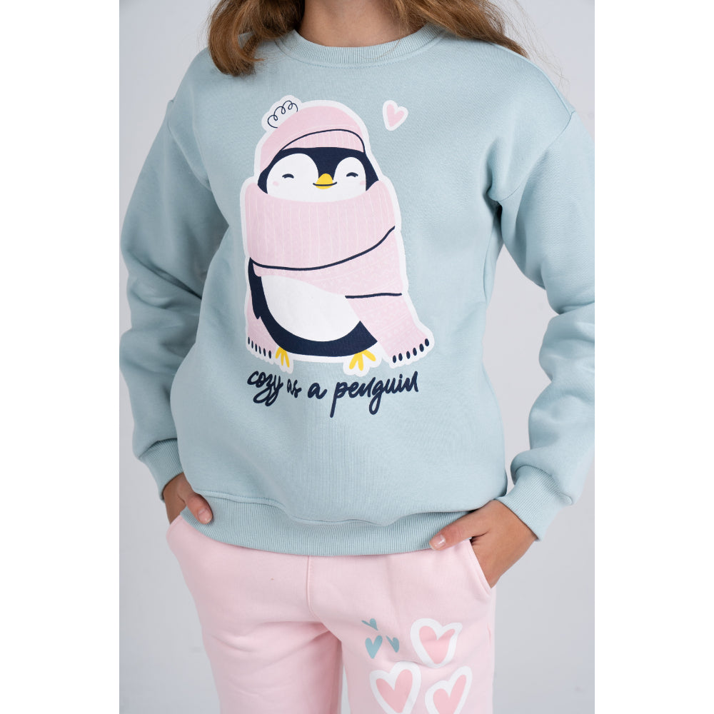Girls Cooton Pajama Set –  Mint/Pink with "Penguin" Design