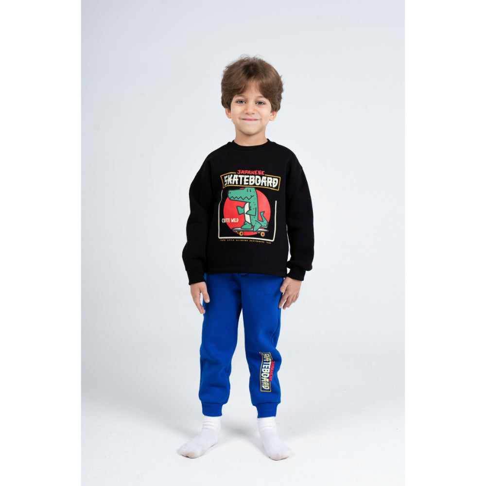 Boys Cotton Pajama Set – Black/Blue with Dino on a Skateboard Print