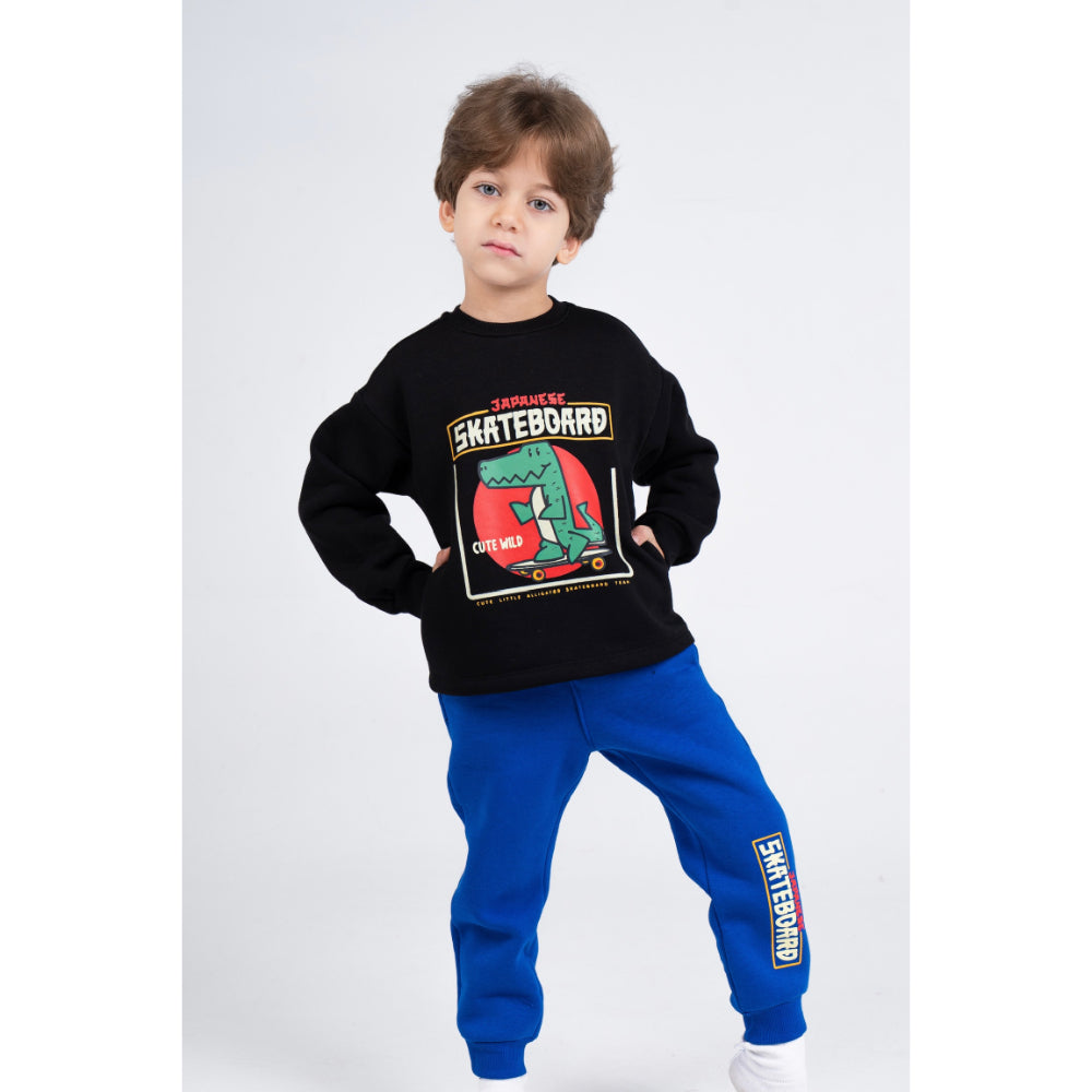 Boys Cotton Pajama Set – Black/Blue with Dino on a Skateboard Print