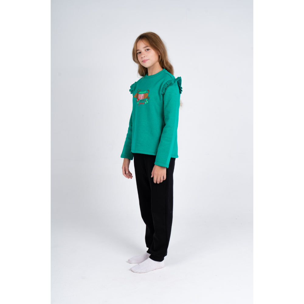 Girls Cooton Pajama Set – Green/Black with "Dachshund Through The Snow" Design