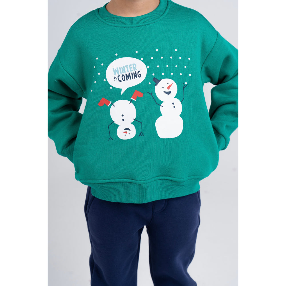Boys Cotton Pajama Set - Green with a Snowy Winter Design
