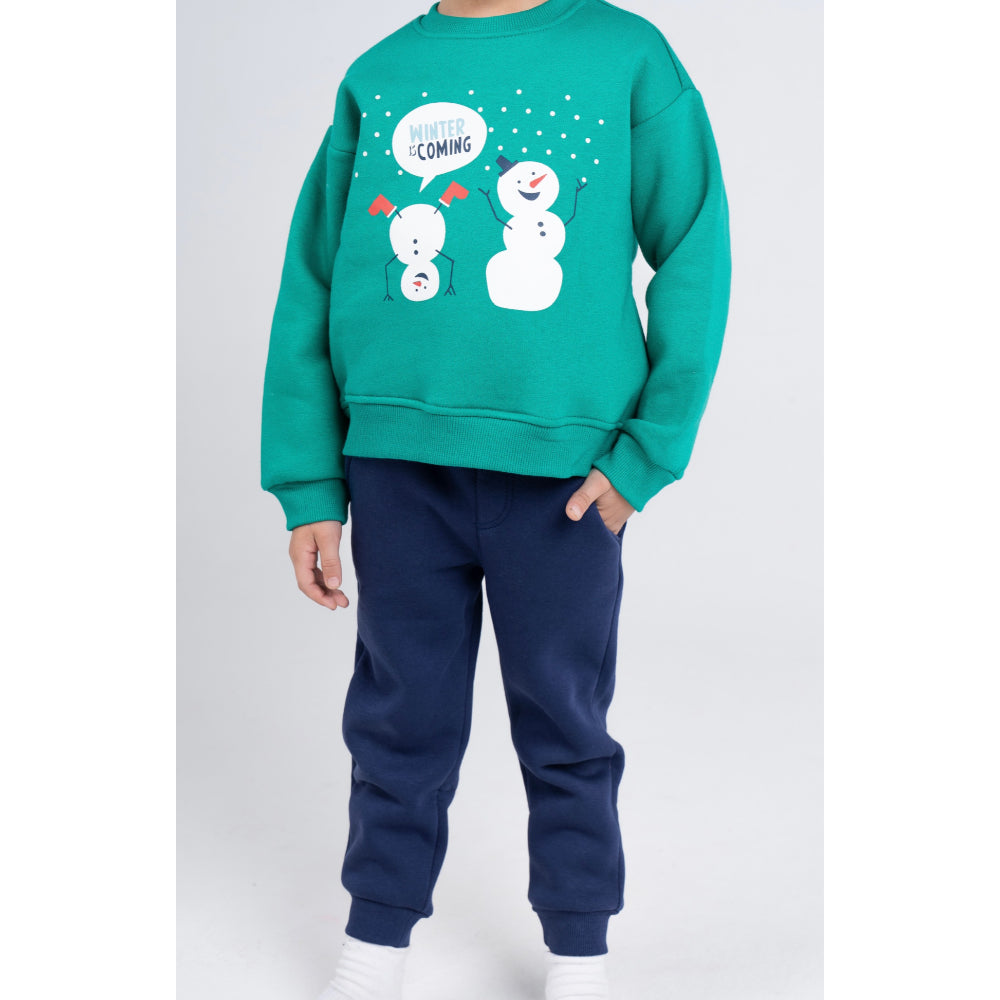 Boys Cotton Pajama Set - Green with a Snowy Winter Design