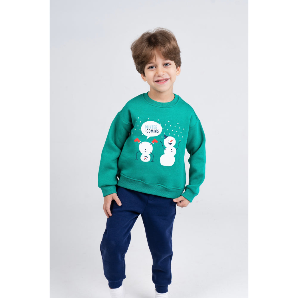 Boys Cotton Pajama Set - Green with a Snowy Winter Design