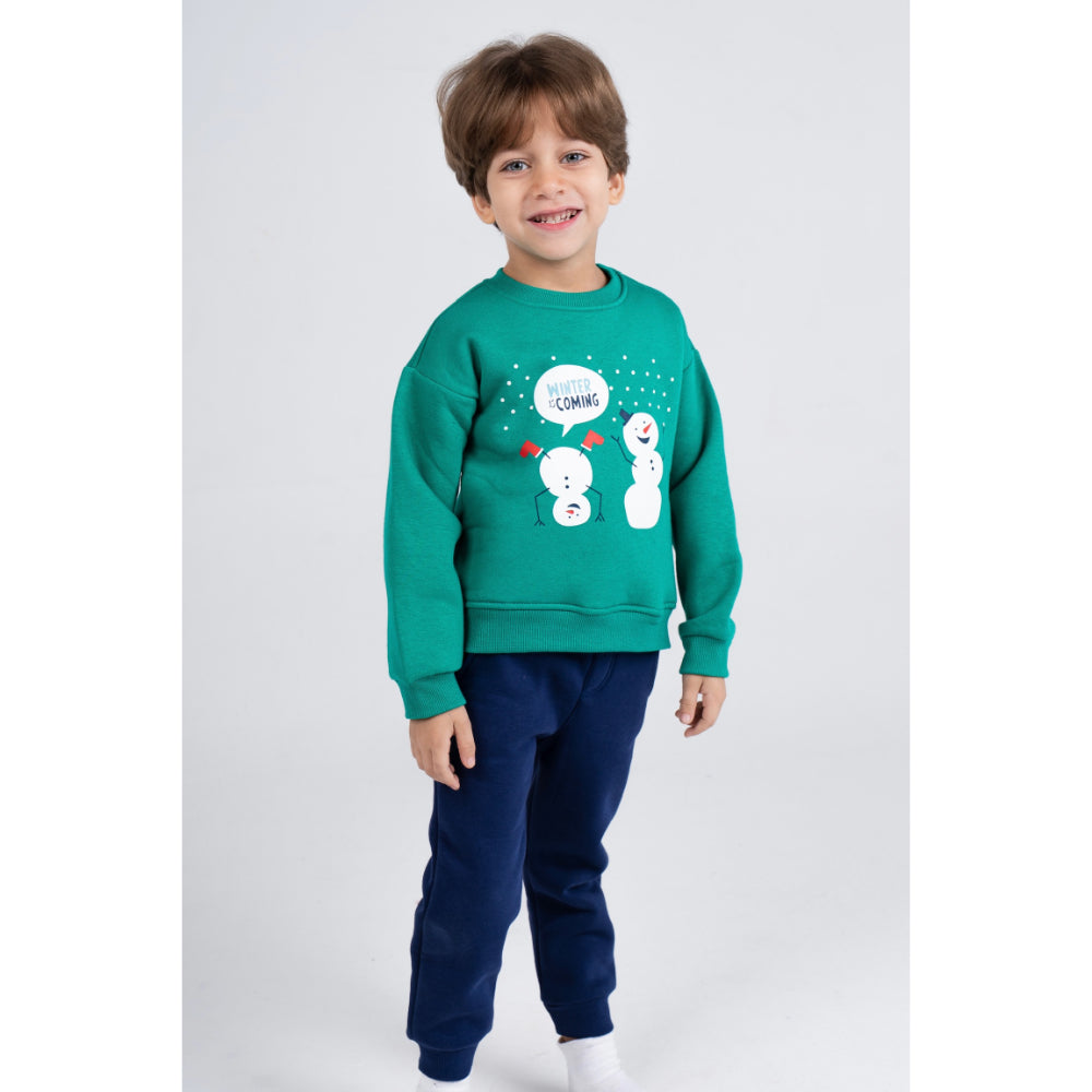 Boys Cotton Pajama Set - Green with a Snowy Winter Design