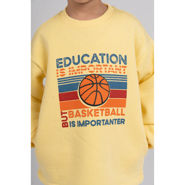 Boys Cotton Pajama Set – Yellow/Brown with "Basketball" Design