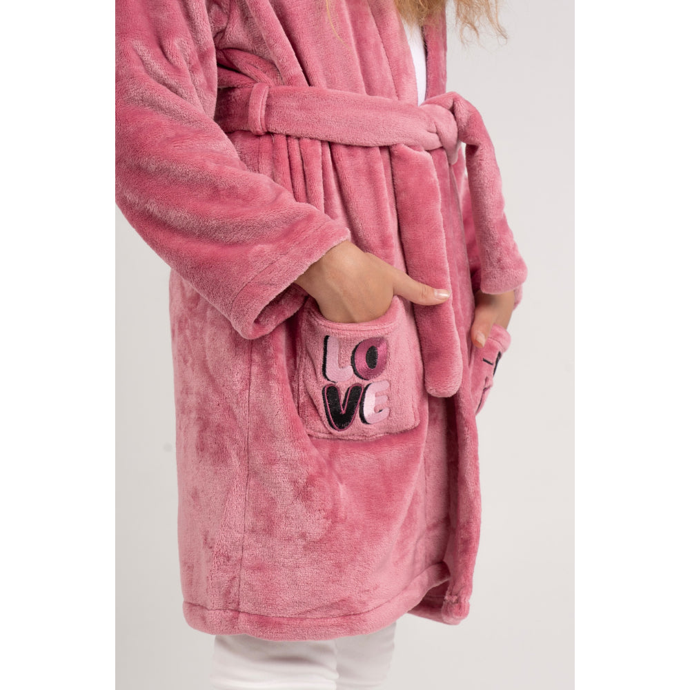 Girls Velvet Robe – Dustypink with "Love Be Kind" Design