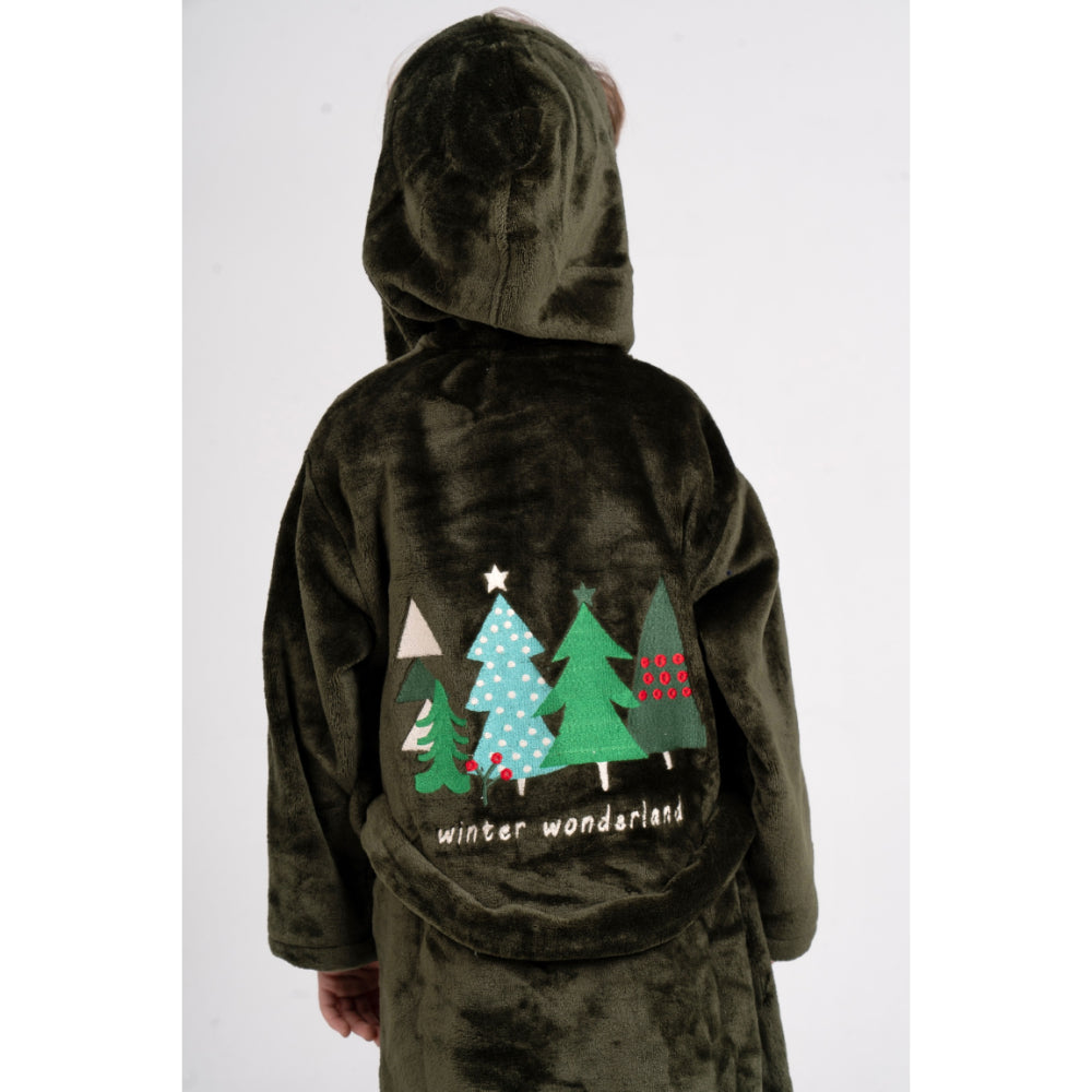 Unisex Velvet Robe - Dark Green with "Winter Wonderland" Design