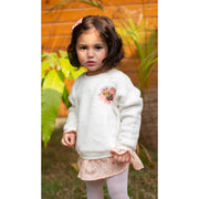 Baby Girls Fleeced Sweatdress – White with Ruffles and a Fluffy Bee Embroidery