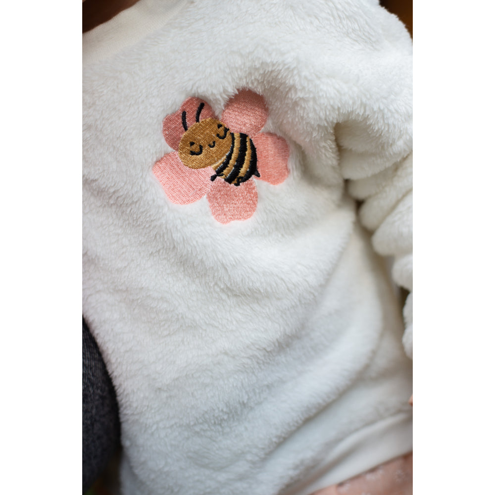 Baby Girls Fleeced Sweatdress – White with Ruffles and a Fluffy Bee Embroidery