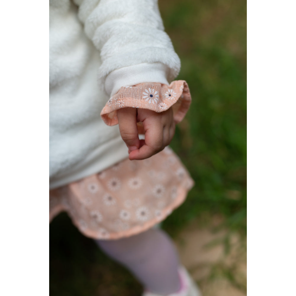 Baby Girls Fleeced Sweatdress – White with Ruffles and a Fluffy Bee Embroidery