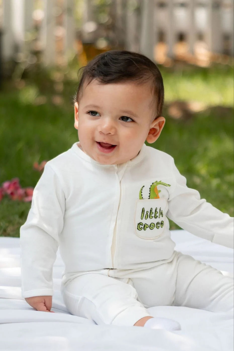 Baby Boys Cotton Footless Onesie – White with "Little Croco" Design