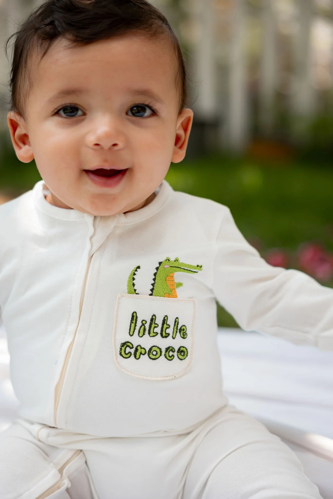 Baby Boys Cotton Footless Onesie – White with "Little Croco" Design